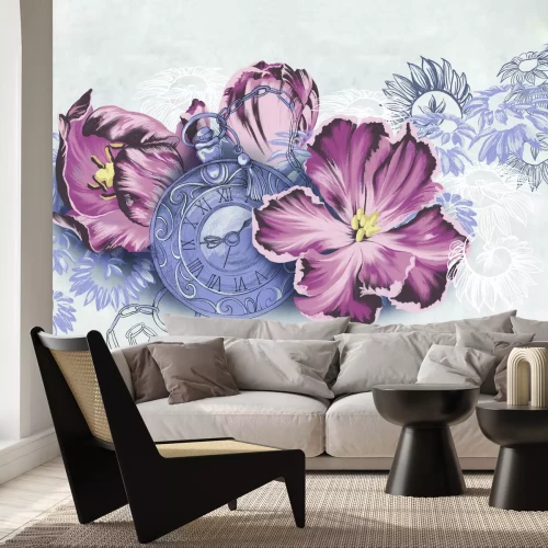 Papier peint  Vieil horloge parmi des fleurs roses