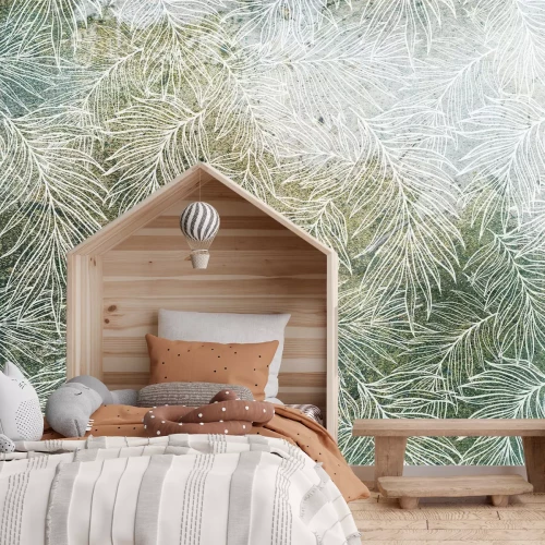 Papier peint  Croquis blanc de feuilles sur fond vert