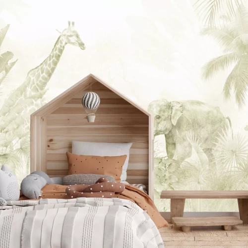 Papier peint  Jungle tropicale avec des animaux dans des tons beige