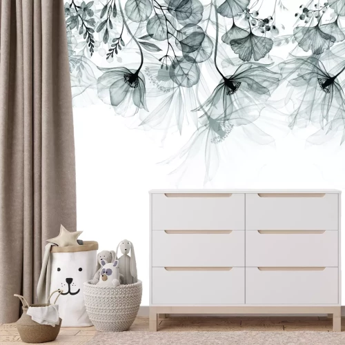 Papier peint  Fleurs grises délicates suspendues