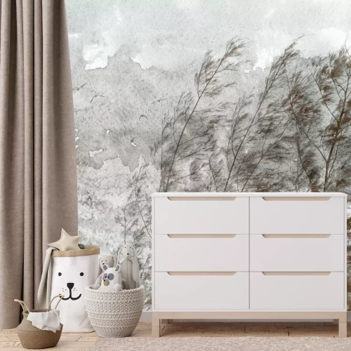 Papier peint  Arbres à feuilles caduques dans le vent parmi les oiseaux