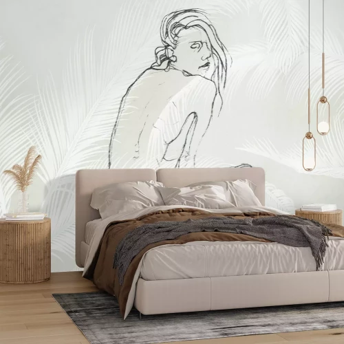 Papier peint  Croquis d'une femme parmi les feuilles de palmier