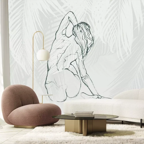 Papier peint  Croquis d'une femme délicate sur fond de feuilles