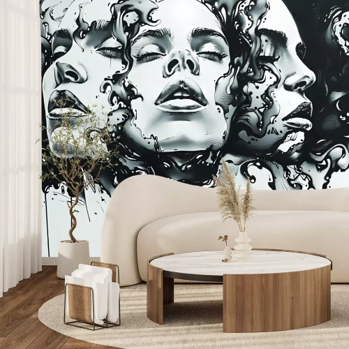 Papier peint  Fresque en noir et blanc avec visage de femme