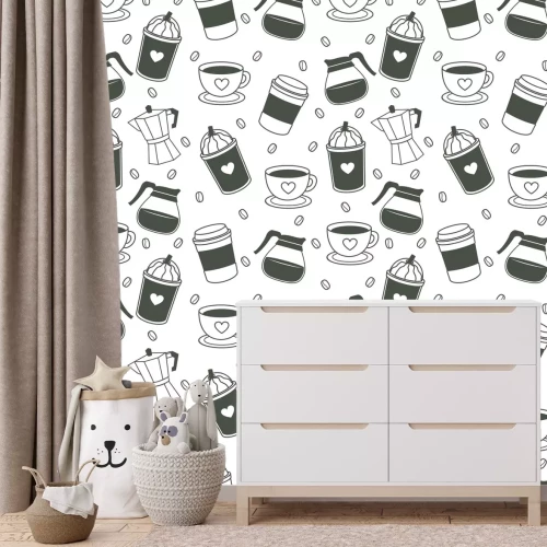 Papier peint  Motif café avec des grains et des tasses élégantes