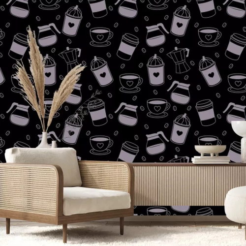 Papier peint  Motif café avec des grains et des tasses élégantes
