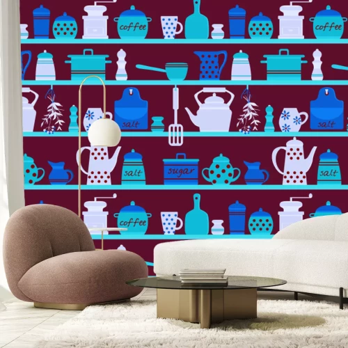Papier peint  Étagères avec des cruches en porcelaine et du café