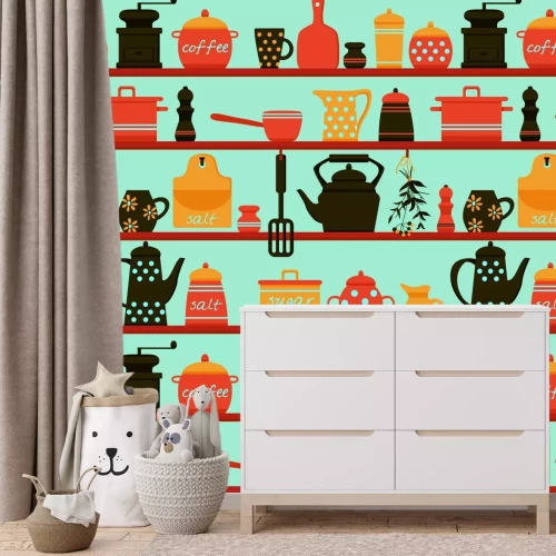 Papier peint  Étagères avec des cruches en porcelaine et du café