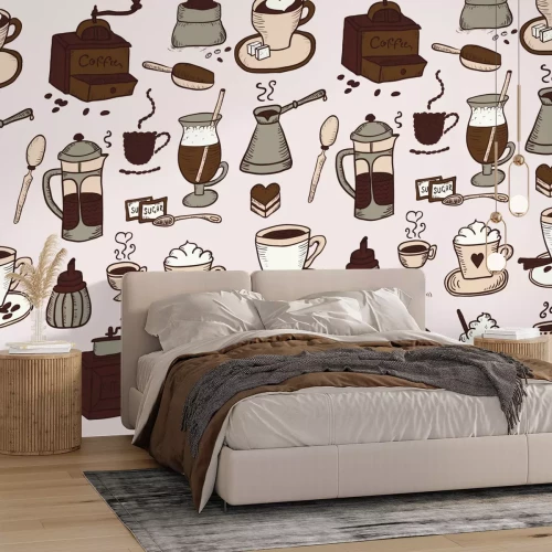 Papier peint  Motif café avec tasses et moulins