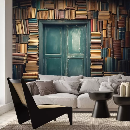 Papier peint  Vieille porte sur un mur avec des livres