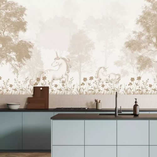 Papier peint  Forêt magique avec des licornes et des fleurs