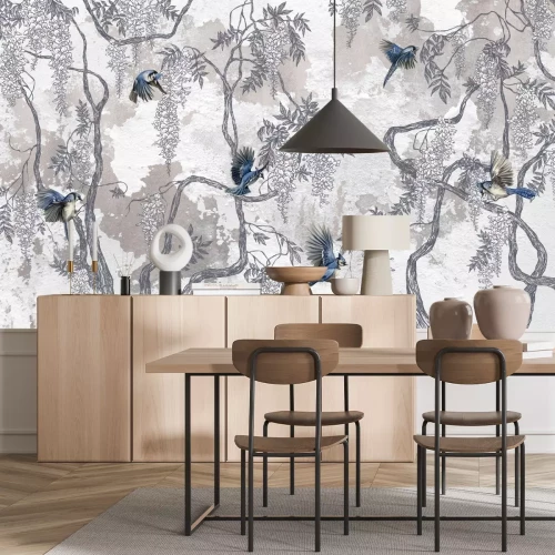 Papier peint  Arbres fleuris avec des oiseaux sur béton