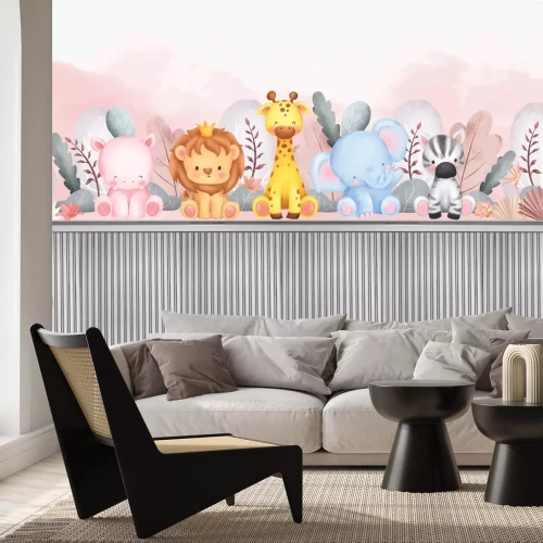 Papier peint  Animaux parmi la végétation sur des planches en bois