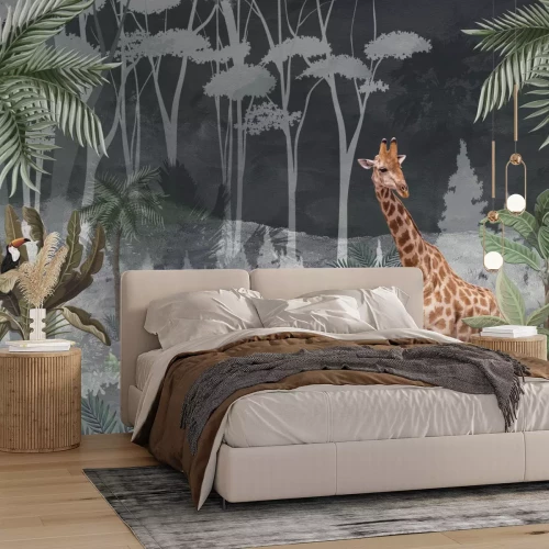 Papier peint  Girafe dans la jungle tropicale parmi les palmiers