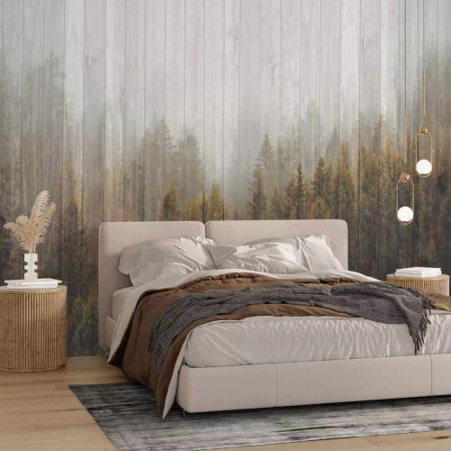 Papier peint  Forêt de conifères sur des planches en bois