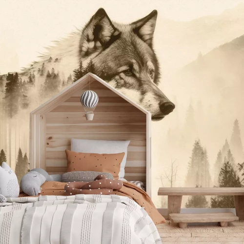 Papier peint  Loup au milieu de la forêt de montagne
