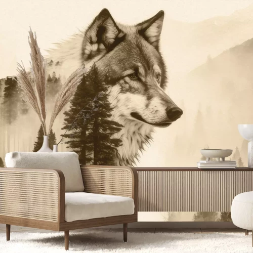 Papier peint  Loup au milieu de la forêt de montagne
