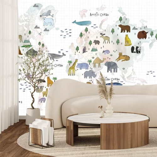 Papier peint  Carte du monde avec des animaux pour enfants
