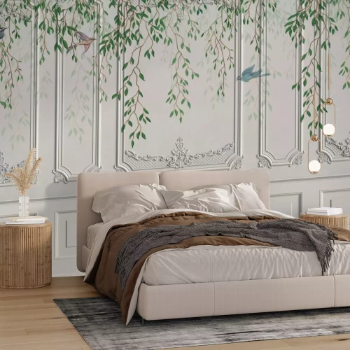 Papier peint  Mur décoratif avec des oiseaux et des plantes