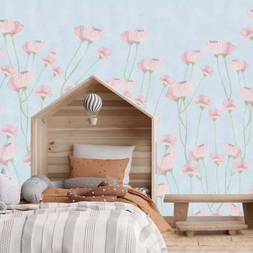 Papier peint  Coquelicots délicats sur fond bleu