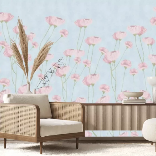 Papier peint  Coquelicots délicats sur fond bleu