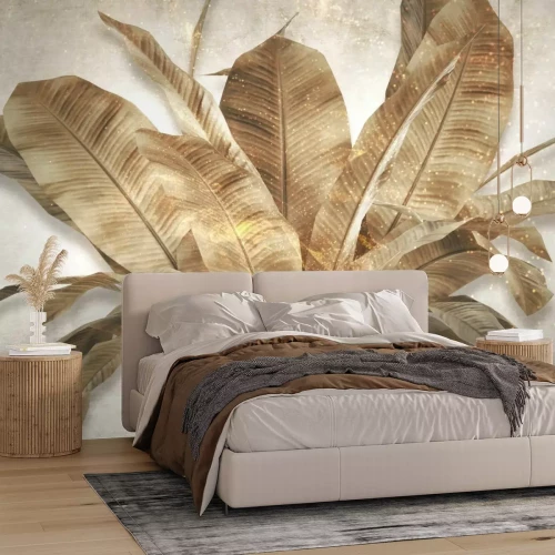 Papier peint  Feuilles brunes avec poudre d'or