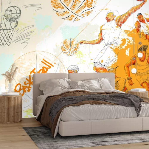 Papier peint  Dessin avec des joueurs de basket et des ballons