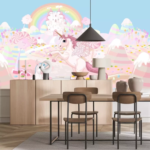 Papier peint  Licorne de conte de fées sur fond de château et d'arc-en-ciel