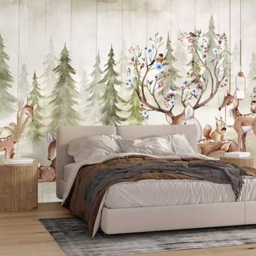 Papier peint  Chevreuil avec des bois ornés de fleurs sur fond de forêt