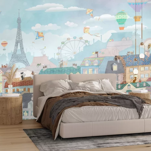 Papier peint  Ville de conte de fées avec la tour Eiffel et des ballons