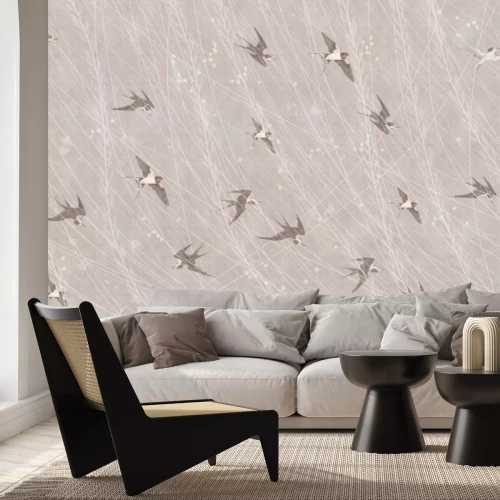 Papier peint  Oiseaux volants sur fond beige