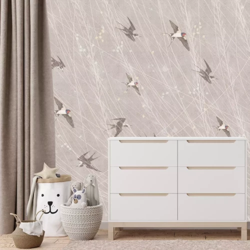 Papier peint  Oiseaux volants sur fond beige