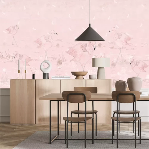 Papier peint  Flamants roses dans une clairière avec des libellules