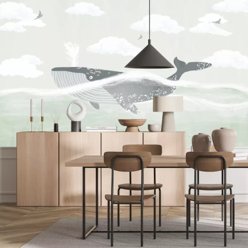 Papier peint  Baleine dans la mer sur fond de nuages et d'oiseaux