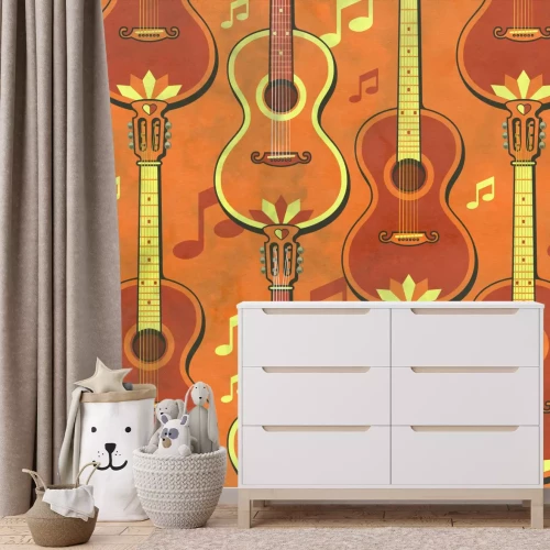 Papier peint  Guitares classiques sur fond de partitions