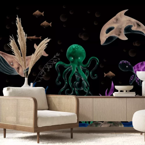 Papier peint  Poulpe avec des récifs coralliens dans la mer