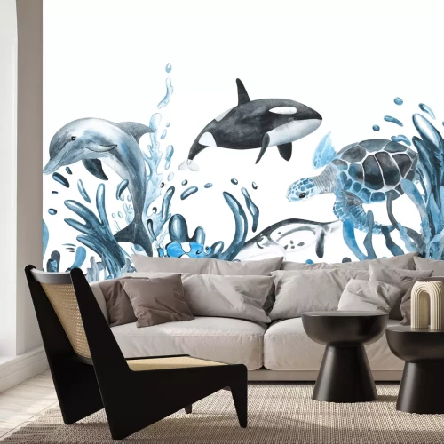 Papier peint  Tortue d'eau et dauphin parmi la végétation