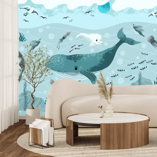 Papier peint  Baleines parmi les poissons dans le monde sous-marin