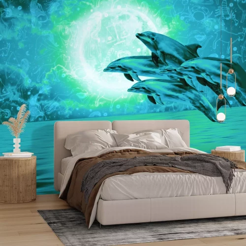 Papier peint  Dauphins sautant sous la pleine lune