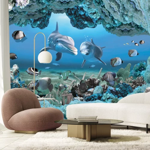 Papier peint  Dauphins parmi le récif corallien et les poissons