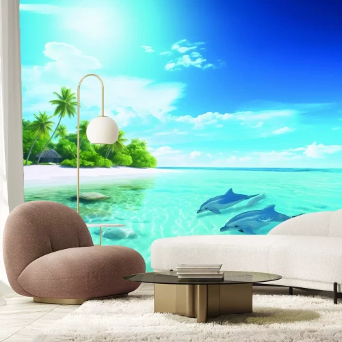 Papier peint  Île tropicale avec des dauphins