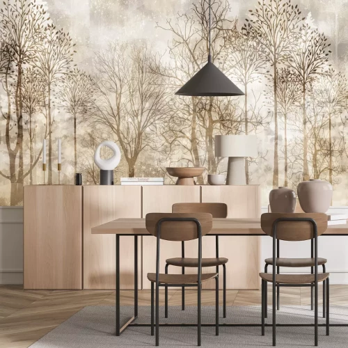 Papier peint  Paysage de forêt brumeuse en sépia