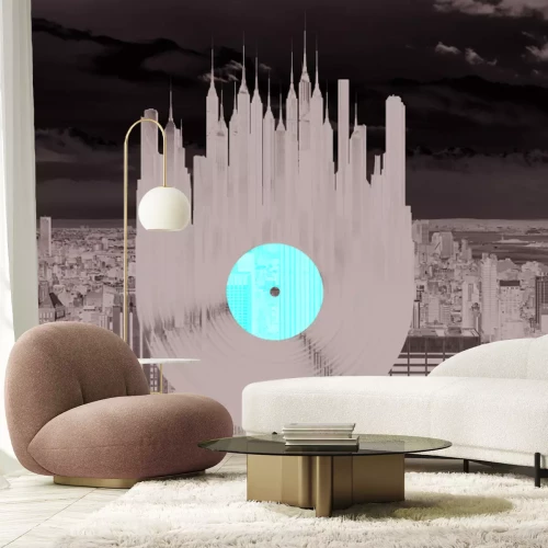Papier peint  Disque vinyle abstrait sur fond de métropole