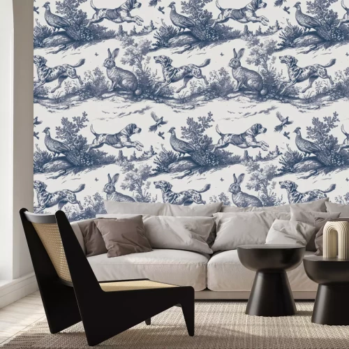 Papier peint  Prairie sauvage avec des chiens et des lièvres