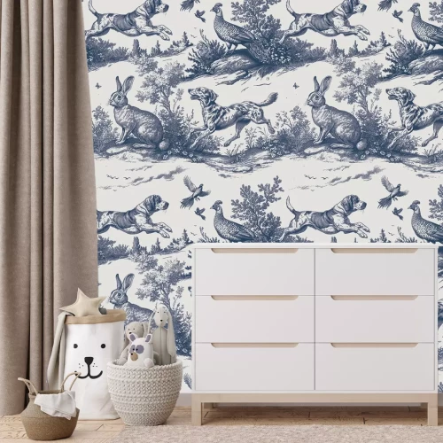 Papier peint  Prairie sauvage avec des chiens et des lièvres