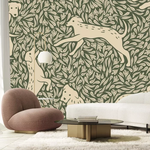 Papier peint  Motif botanique avec des chiens et de la verdure