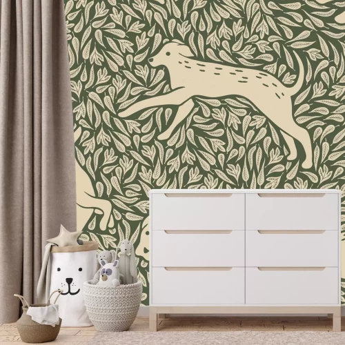 Papier peint  Motif botanique avec des chiens et de la verdure