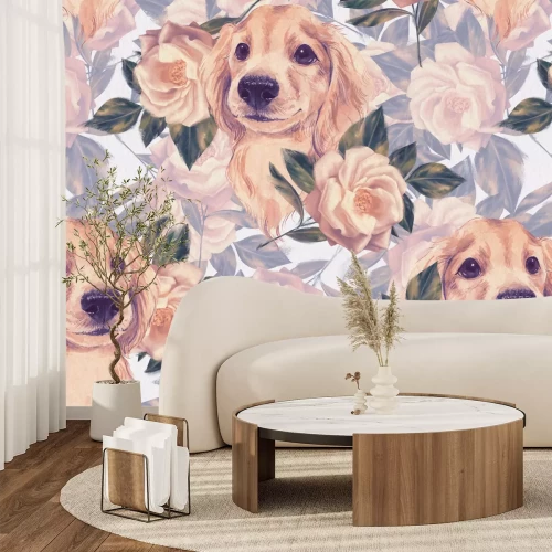 Papier peint  Chien Golden Retriever parmi les roses