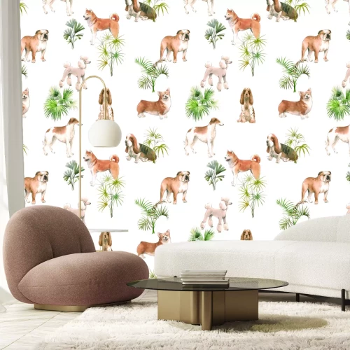 Papier peint  Chiens bruns avec des buissons sur fond blanc