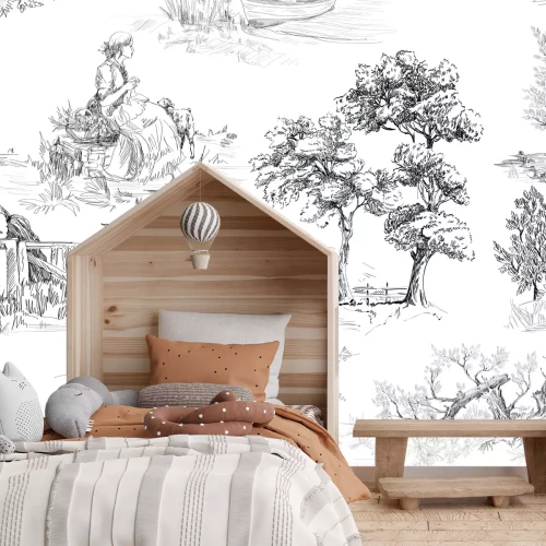 Papier peint  Dessin d'un village avec des arbres et des chiens